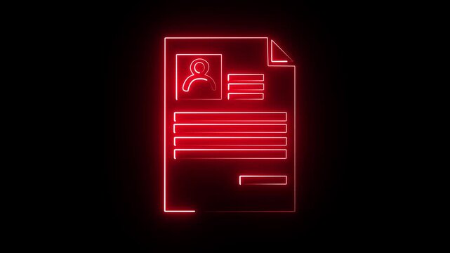 Animated red neon outline of a resume or cv document with a profile icon and text lines on a dark background, abstract looping animation