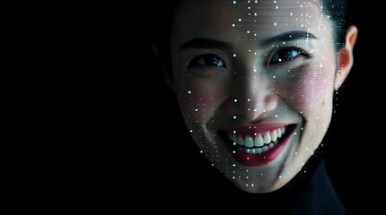 a face of an asian woman looking right into camera. smile. One side is normal and human, the other side of her face has digital data visualization artifacts to suggest ai usage. dark background - Powered by Adobe