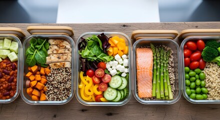 Organized healthy meal prep perfectly portioned containers with fresh proteins, grains, and vegetables for a balanced, convenient, nutritious diet