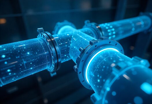 Futuristic digital pipeline with AI, ML, IoT sensors enables smart leak detection, sustainable water management, and automation. Innovative tech interface visualizes data flow for urban infrastructure