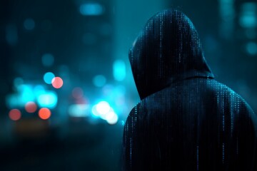Silhouette of hooded figure overlaid with digital code in a dark, urban cityscape backdrop. Concept for cybersecurity solutions, network security and technological innovation