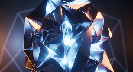 Abstract geometric crystal with glowing blue and orange light.