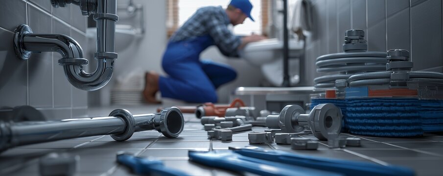 Close-up of plumber repairing toilet with tools scattered on the bathroom floor. Concept for plumbing service, bathroom renovation and home maintenance