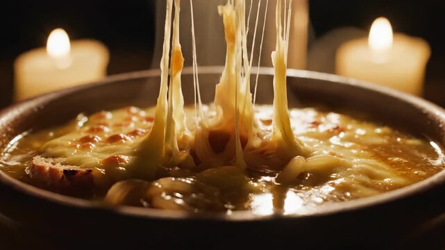 Cheese pull over steaming onion soup by candlelight.