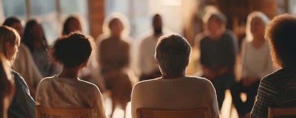 A diverse group sits in a circle in a therapy session with warm lighting, focus is on the people. Concept for support group, mental health awareness and community engagement