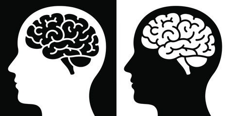 Brain and head side view icon set, flat and outline vector design, mind symbol illustration for medical, healthcare, psychology and educational applications