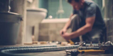 Plumber working in a bathroom, fixing a toilet with various tools on the floor, concept for home renovation, plumbing service and bathroom repair
