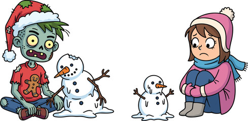 Funny zombie boy and sad girl with melting snowmen winter Christmas cartoon vector illustration in humorous holiday festive style