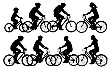 Obraz premium A group of people riding bicycles in different styles. The silhouettes of the people are shown. Vector. Silhouette illustration.