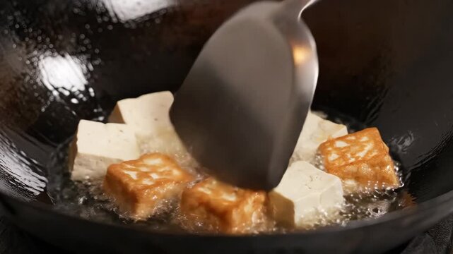 Tofu cubes frying in hot oil inside a black wok close up.