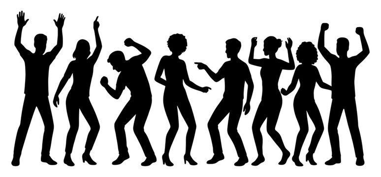 A group of people are dancing and having fun. Scene is lively and energetic. Vector. Silhouette illustration.
