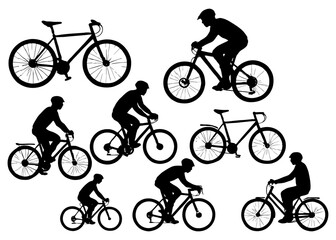 Naklejka premium A series of silhouettes of people riding bicycles. The silhouettes are of different sizes and styles. Vector. Silhouette illustration.