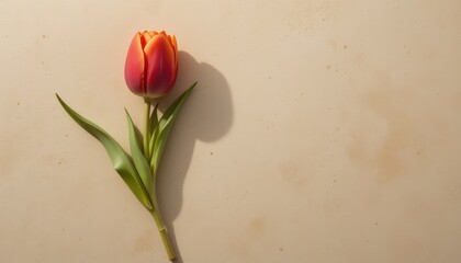 Close up tulip lying on a beige textured surface in a top-down flat lay composition