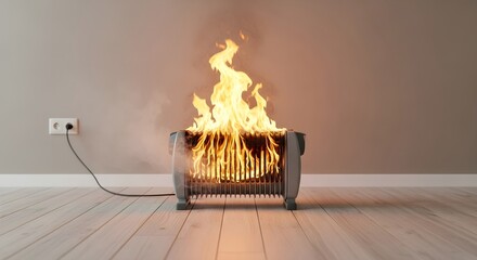Residential Fire Hazard Malfunctioning Electric Heater Catches Fire, Illustrating Electrical Safety Risks and Urgent Need for Precaution in Home Environments