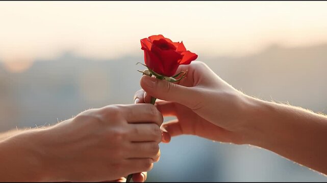 Close-up of a man&rsquo;s hand giving a red rose to a woman&rsquo;s hand, symbolizing love, affection, and romance. The soft light and background enhance the emotional and intimate atmosphere.