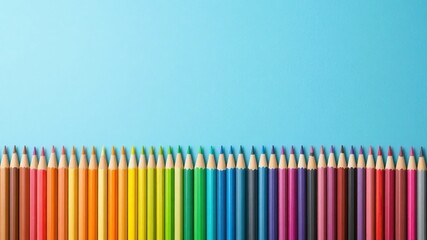 Minimalist background with a straight row of rainbow colored pencils at the bottom and a large blue copy space for text