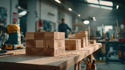 Vocational Training: Hands assembling furniture pieces at wooden workbench in bright workshop classroom with tools and safety posters on walls
