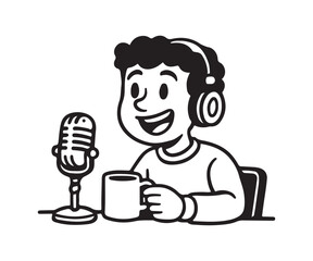 Podcast vibes featuring happy host recording with a microphone and headphones while enjoying a warm beverage, perfect for audio content creation