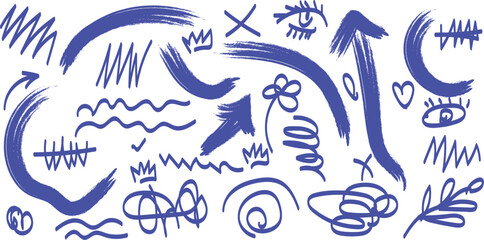 Paint or ink stroke scribble elements. Charcoal, chalk or crayon hand drawn messy drawings with grunge texture. Squiggle swirl line vector illustration Hand drawn messy ink and chalk scribbles 