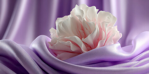 Elegant White Abstract Flower with Pink Accents Resting on Purple Silk Fabric