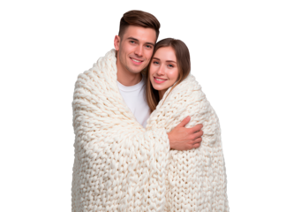 Happy couple embracing under cozy blanket on transparent background