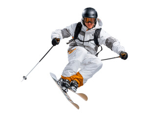 Fototapeta premium Dynamic winter sports action featuring skier jumping in white gear on transparent background