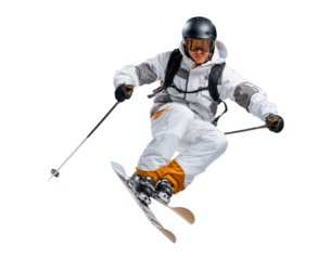 Dynamic winter sports action featuring skier jumping in white gear on transparent background