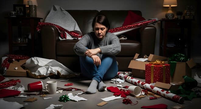 A woman experiences post-holiday exhaustion, sitting dejectedly amidst the chaotic aftermath of gift unwrapping and festive clutter, contemplating the overwhelming cleanup