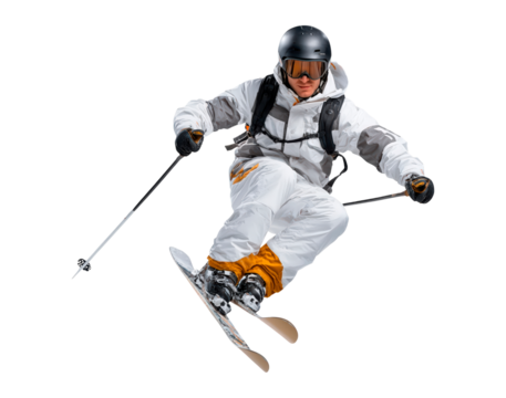 Dynamic winter sports action featuring skier jumping in white gear on transparent background - Powered by Adobe
