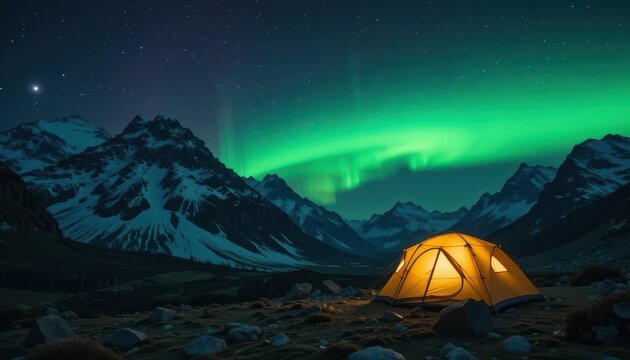 Close up Solitary tent illuminated by vibrant green aurora in a remote mountain wilderness at night, luxury
