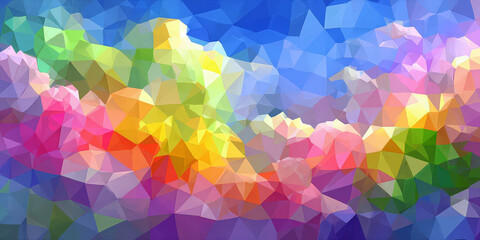 Low Poly Abstract Landscape of Colorful Clouds in Bright Pink Yellow and Blue