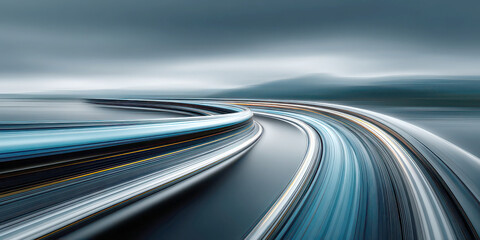 Futuristic Highway Road with Blue Speed Motion Blur Lines and Abstract Landscape