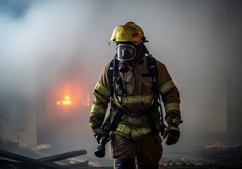 Fototapeta premium A firefighter in protective gear approaches a smoky environment, showcasing bravery and readiness for emergency response.