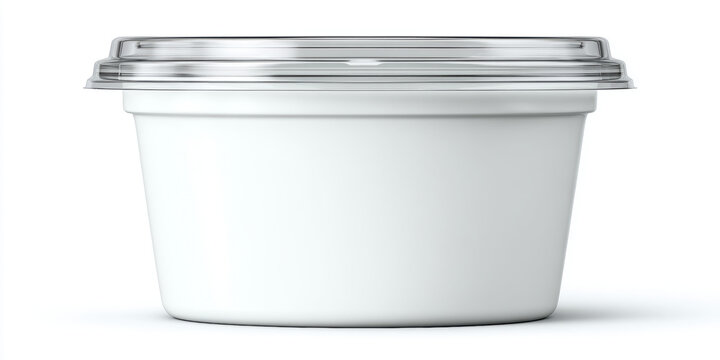 White plastic food container with clear lid on a white background. container is perfect for storing leftovers, meal prepping, or packaging food for takeout.