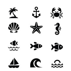 Fototapeta premium Collection of Black Silhouettes of Sea and Beach Icons