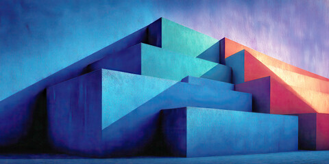 Abstract Geometric Staircase Architecture with Vibrant Blue and Red Neon Lighting
