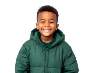 Joyful young boy in green jacket with radiant smile on transparent background