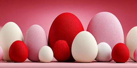 Collection of Textured Easter Eggs in Varying Shades of Red Pink and White on Light Background