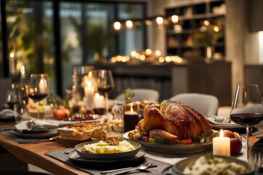 A large turkey is the centerpiece of a festive dinner table