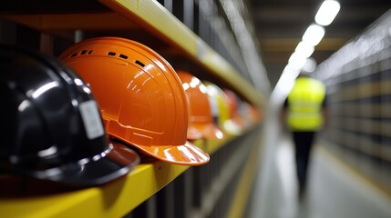 A close-up of safety helmets in a storage area, highlighting black and orange colors, with a person in a reflective vest in the background.