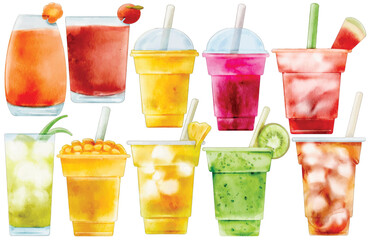 Watercolor Fruit Drink Clip Art Set Summer Smoothie Juice Strawberry Pineapple Kiwi Orange Mango Healthy Beverage Illustration Cafe Menu Isolated on White Background Graphic