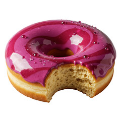 Ultra-close-up gourmet donut, clean bite revealing moist crumb, vibrant magenta-berry glossy glaze with dew droplets, on transparent background. Concept of luxurious food advertising