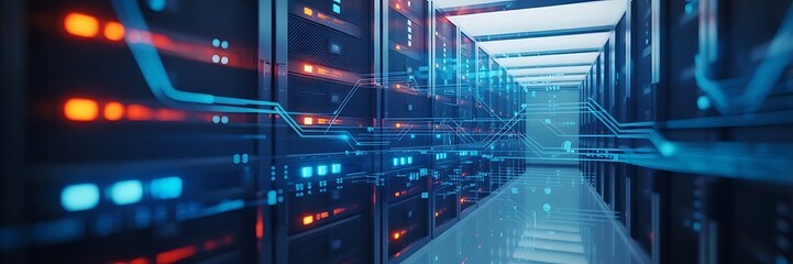 server room with server racks in datacenter banner. technology background. 3d illustration.