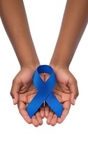 A pair of outstretched hands showing the blue ribbon for Men's Health Awareness Month campaign.