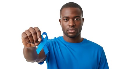 Black man holding ahead a blue ribbon of Blue November Campaign