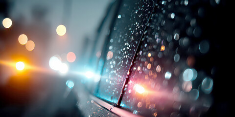 Rainy Night Car Window with City Lights Bokeh and Flare Effect