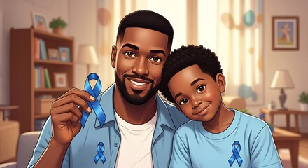 Illustration of a father holding blue ribbon Men's Health Awareness Campaign and son both wearing blue shirt