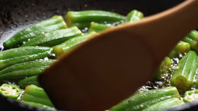 Closeup okra slices sizzling in hot oil with wooden spatula.