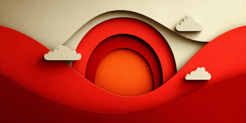 Paper Cut Art Abstract Sunset with Red Layers and Minimalist Clouds