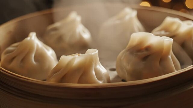 Hot steamed dumplings in bamboo basket with rising steam.